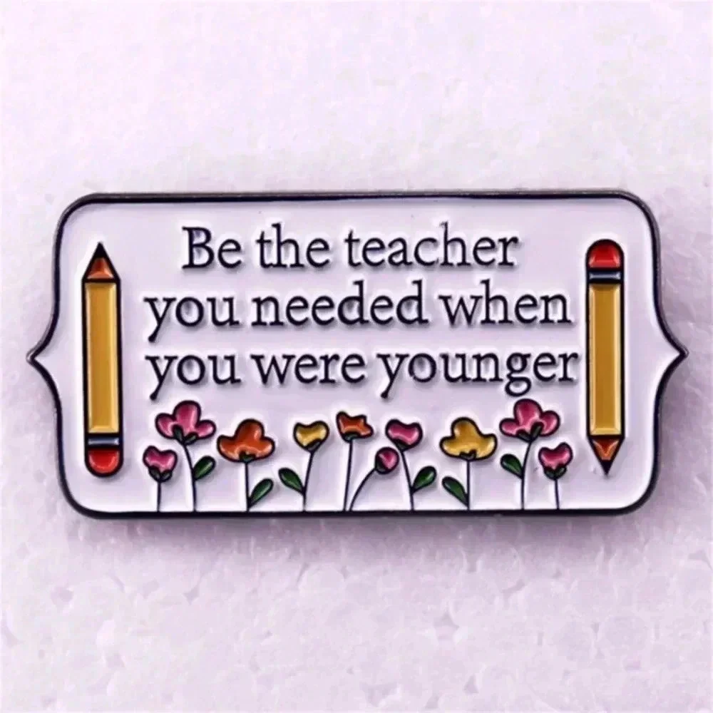 Purple with flowers and yellow pencil gift for a teacher enamel brooch pin